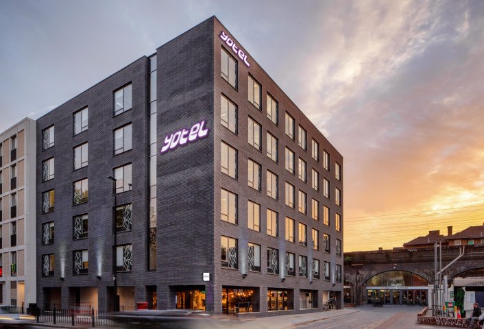 YOTEL London shoreditch exterior with purple sign