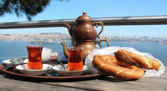 Turkish Tea with city in the backround