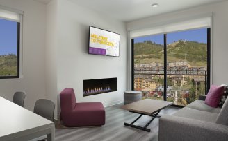 YOTELPAD Park City - 3-bedroom PAD living room area with sofa, SmartTV and fireplace