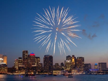 A fireworks display over the Boston skyline