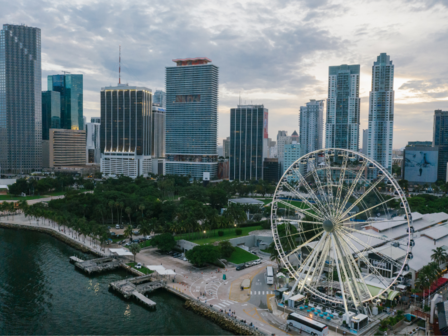 An aereal view of Bayside Marketplace with Miami Downtown in the background