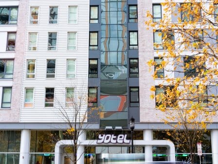 A large hotel facade with a modern design