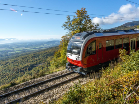 A train noves through the lush green scenery of La cote in Swizerland 