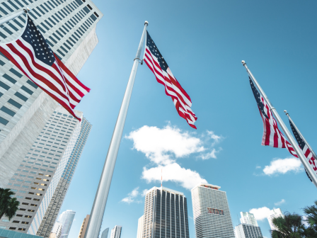 Four USA flags waving in Miami