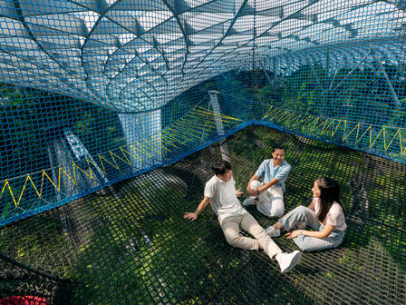 Family sitting on large net high up above green park