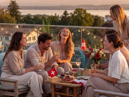Group of people sitting around a rooftop table during sunset