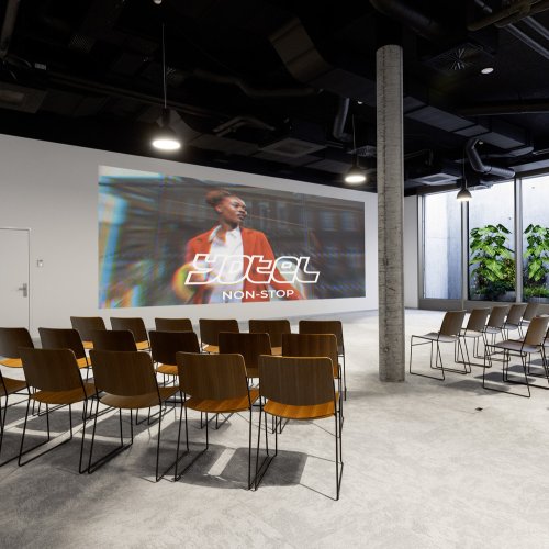 A large meeting room with a huge flatscreen tv, bright windows and plants