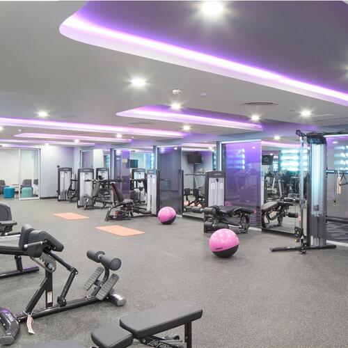 A brightly lit gym with purple tones, featuring a range of modern workout equipment