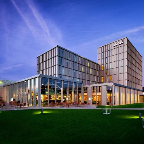 A modern hotel at night