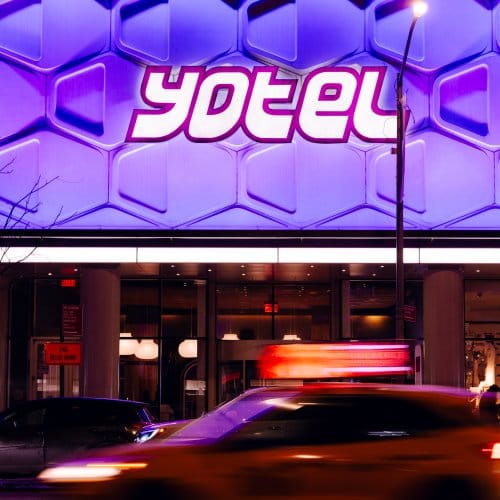 A vibrant exterior scene in New York by YOTEL