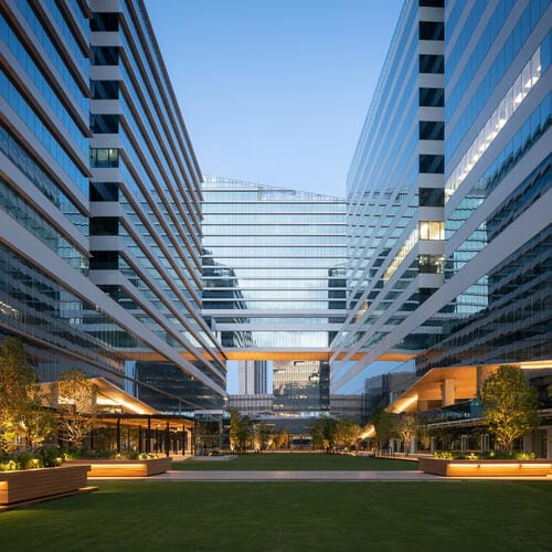 A shiny glass building at dusk