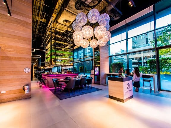 Bar and restaurant at YOTEL Singapore with dreamlike decorations