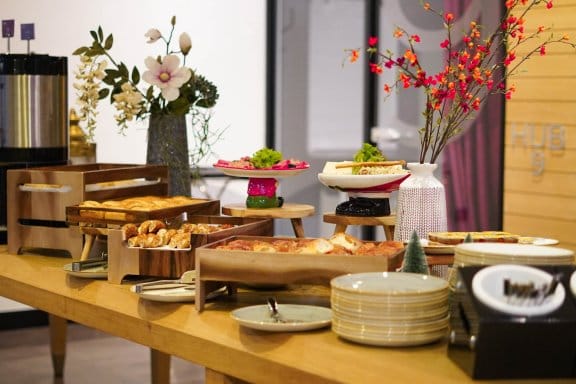 Brunch buffet showing plates of food