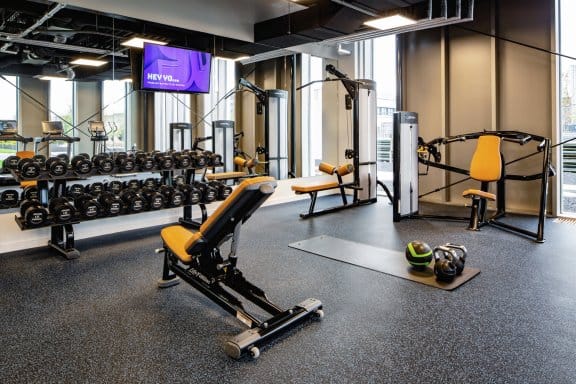 Fitness centre with free weights, bench, cable machine, and kettlebells