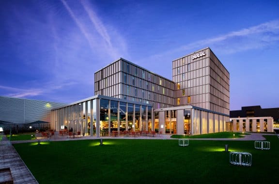 A modern hotel at night