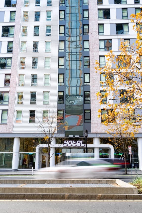 A large hotel facade with a modern design