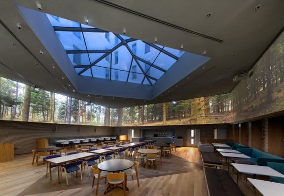 A large event space with a 360 degree screen