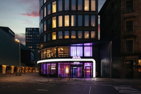 The outside of YOTEL Glasgow at night