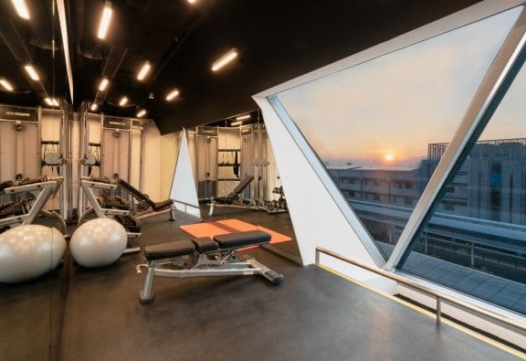 An airport hotel gym at sunset