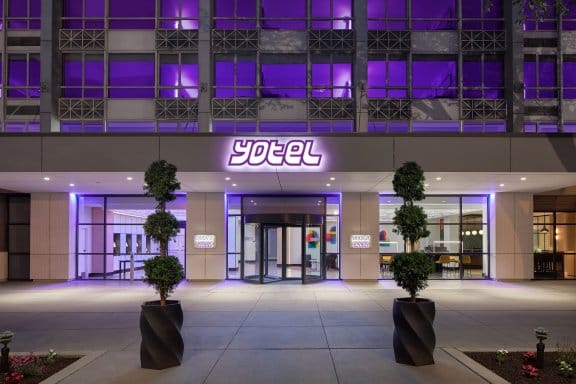 The facade of a modern hotel at night 