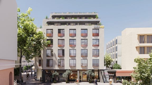 A clean render of a hotel facade in Athens