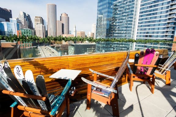 Ski chairs overlooking Boston's skyline 