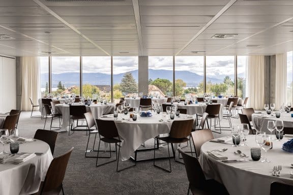 A banqueting hall with large windows