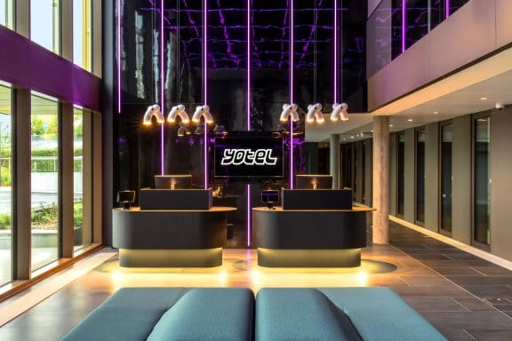 A modern hotel reception lobby