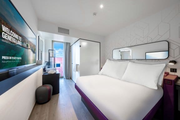 A clean, minimalist hotel room