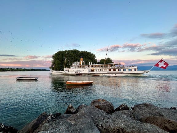 A ferry crosses Geneva Lake