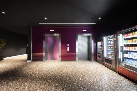 Elevators and vending machine at an airport hotel