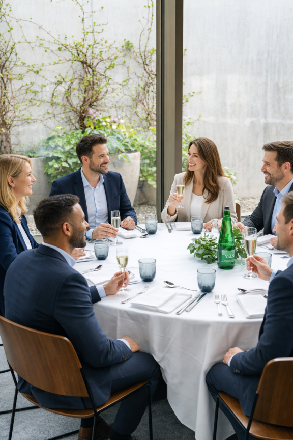 A group of people enjoy a meeting around a table