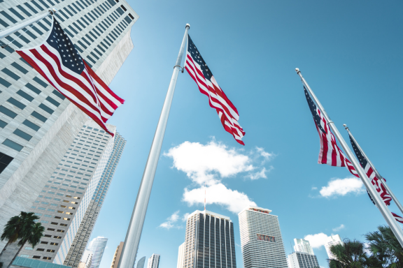 Four USA flags waving in Miami