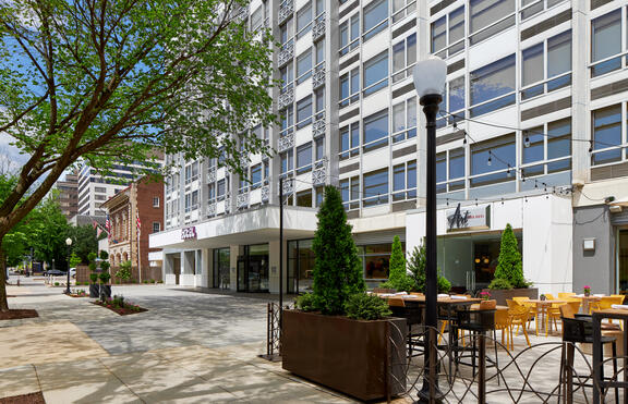 YOTEL Washington DC from the outside with outdoor bar and terrace