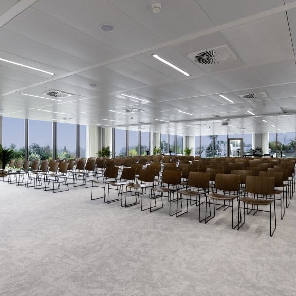 Large meeting room set up in theatre style 