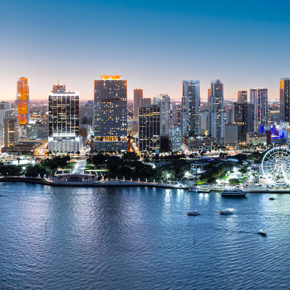 An aerial view ofDowntown Miami at dusk