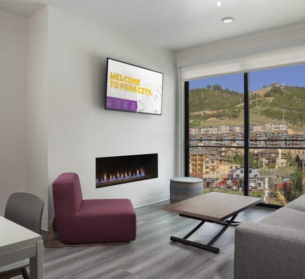 YOTELPAD Park City - 3-bedroom PAD living room area with sofa, SmartTV and fireplace