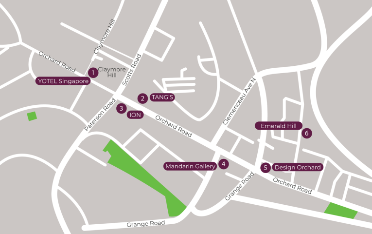 A map of YOTEL Singapore within Orchard Road, Singapore