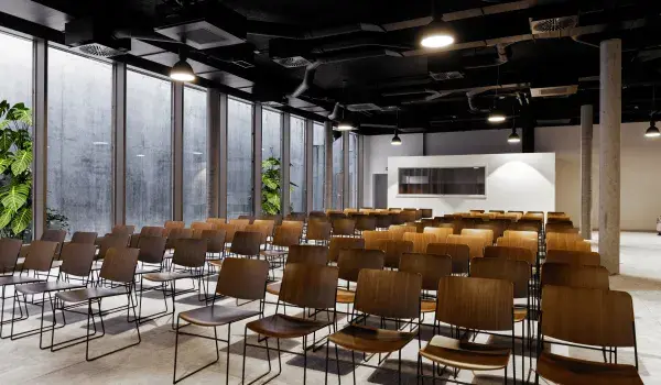 Empty meeting room set up in theatre style