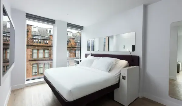 Hotel room with large windows