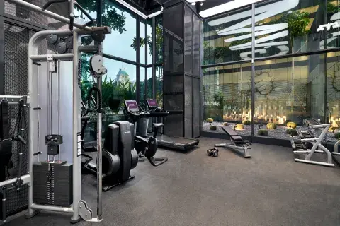 Gym at YOTEL SIngapore with state-of-the-art treadmills, dumbbells and leafy decor