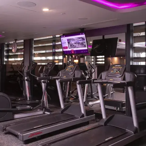 High tech treadmills at a hotel gym, complete with flatscreen