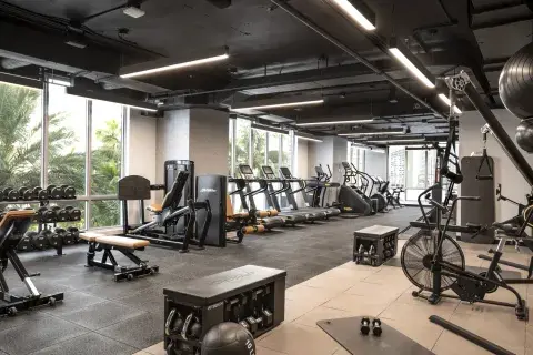 A spacious gym with floor-to-ceiling windows and a comprehensive selection of workout equipment
