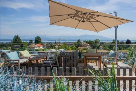 An outdoor terrace with lush greenery and alpine views